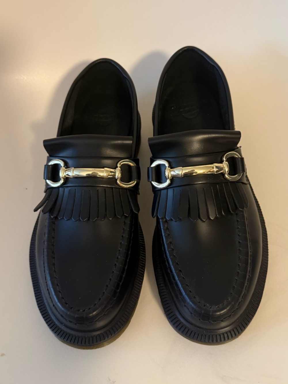Dr. Martens Black Leather Adrian Kiltie Loafers with Gold Horsebit UK 3 / EU 36